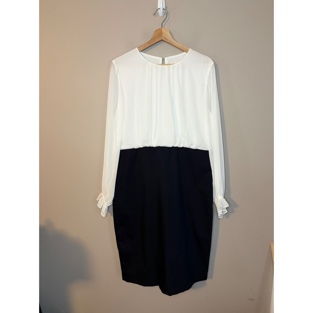 Ted Baker Lizzata Sheath Dress Womens 4 White Black Excellent Colorblock Pleated